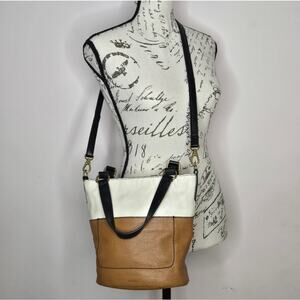 FOSSIL Two-Tone Cream/Tan Cowhide Leather Adjustable Shoulder Bag w/ Top Handles